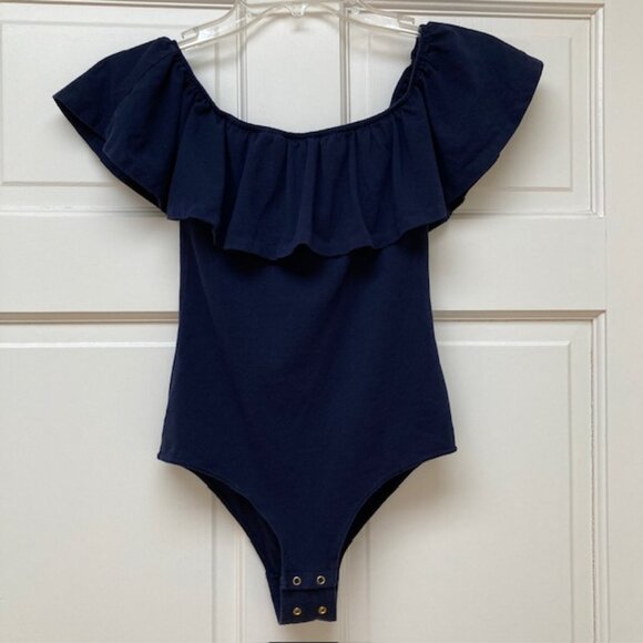 J. Crew Factory Navy Off the shoulder ruffle body suit XS - Picture 2 of 9